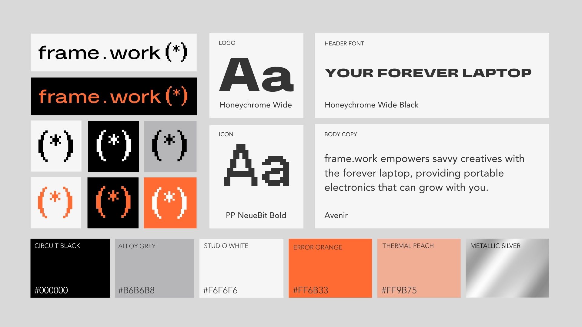 The frame.work identity system: logo lockups, icon variations, and type hierarchy