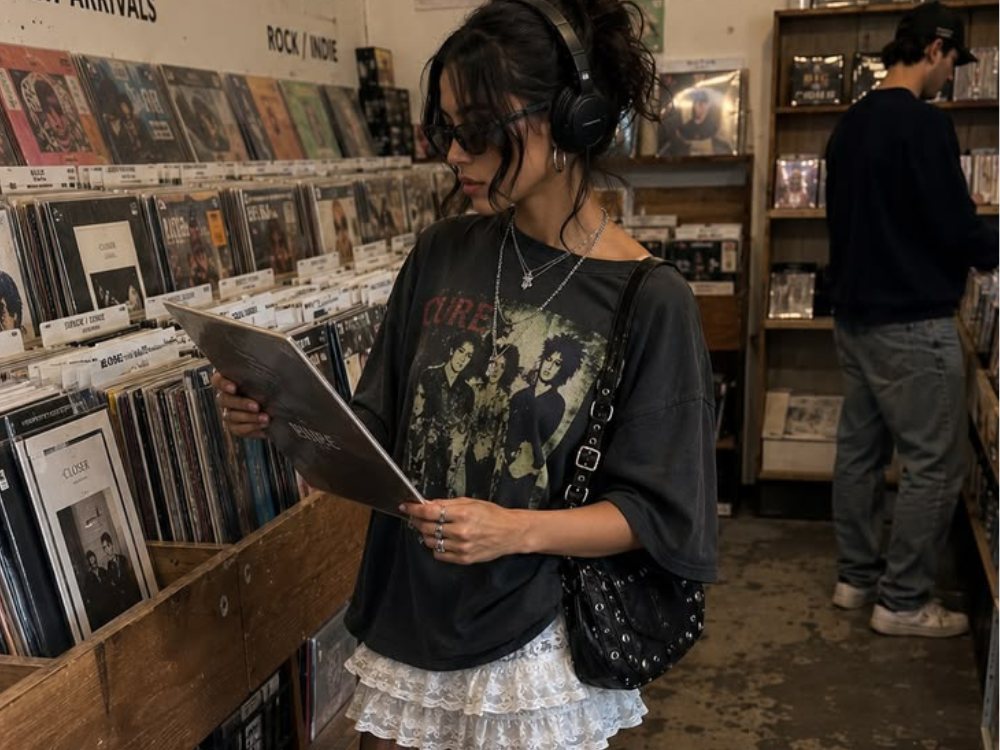 A shopper flipping through vinyl records at a record store