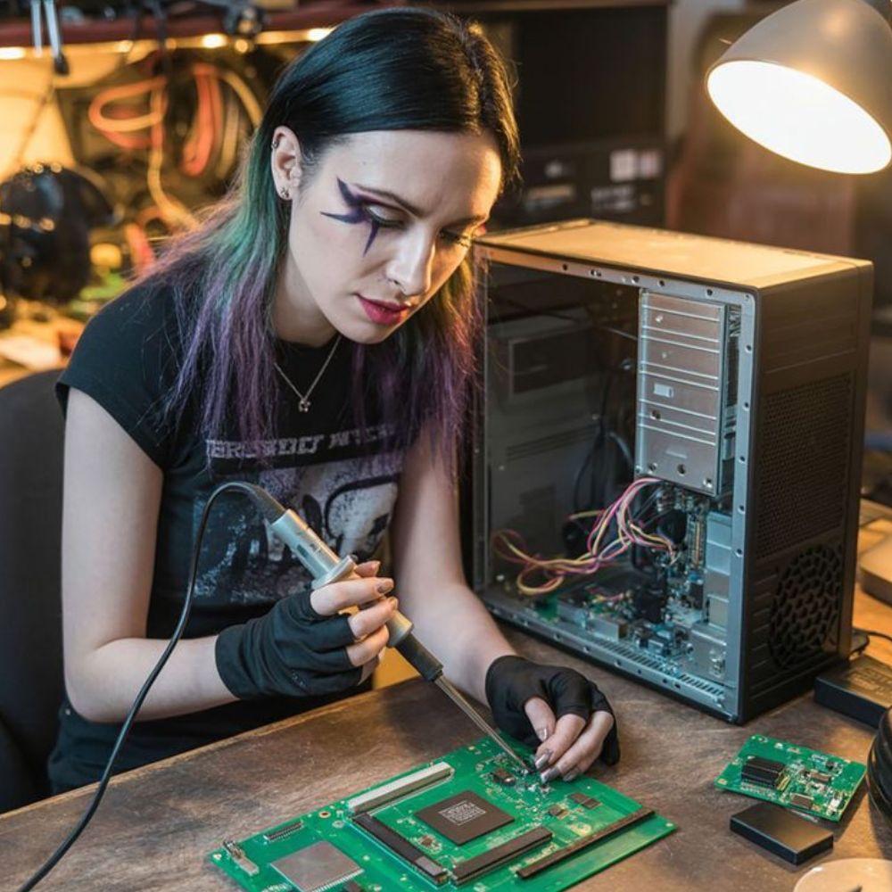A woman with dramatic purple eye makeup soldering a circuit board next to an open desktop computer tower