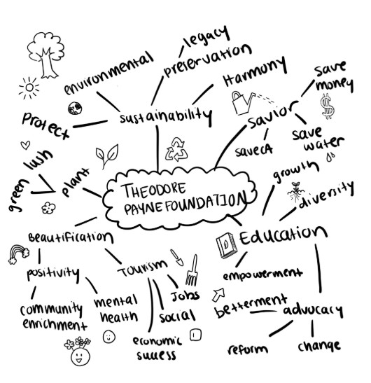 Hand-drawn word map exploring key concepts for the Theodore Payne Foundation campaign