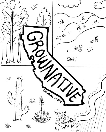 Poster rough: Grow Native, a map of California filled with native plant illustrations