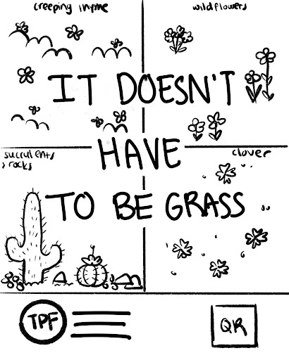 Poster rough: It Doesn't Have to Be Grass, a four-quadrant lawn alternative layout