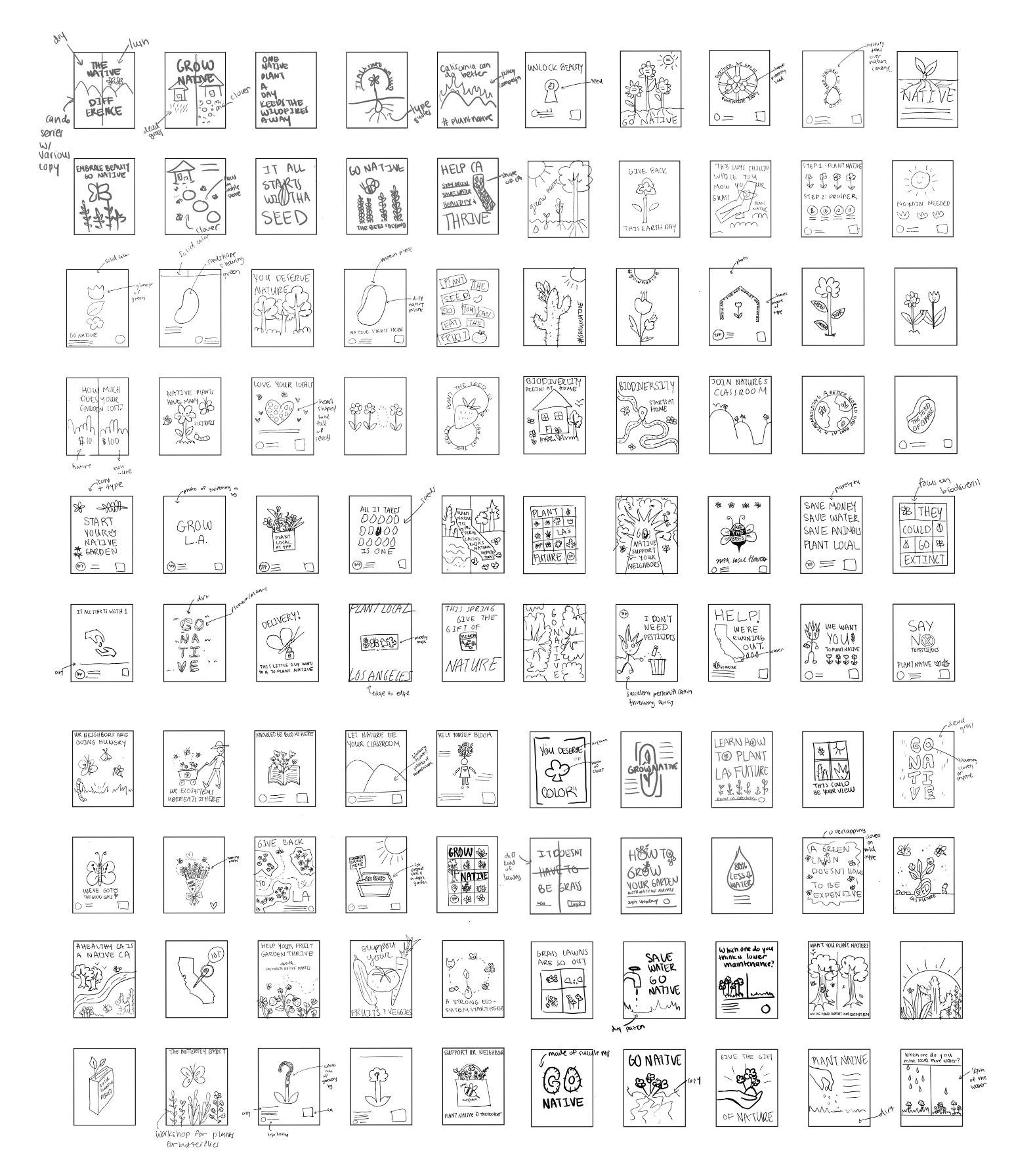 A sheet of 100 hand-drawn thumbnail sketches exploring California native plant poster concepts